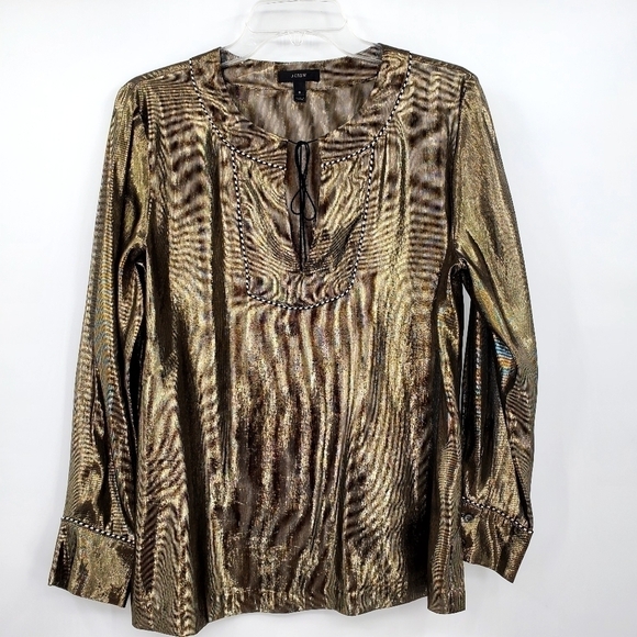 J. Crew Tops - J.Crew Metallic Gold Silk Mix Long Sleeve Pullover Blouse